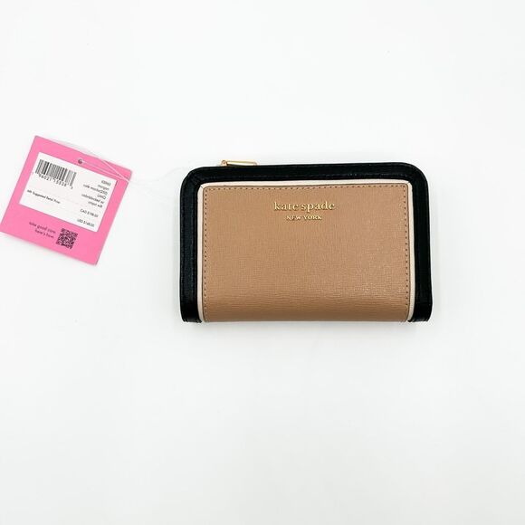 Kate Spade Morgan Cafe Mocha Leather Tan Black Compact Wallet - Picture 1 of 9